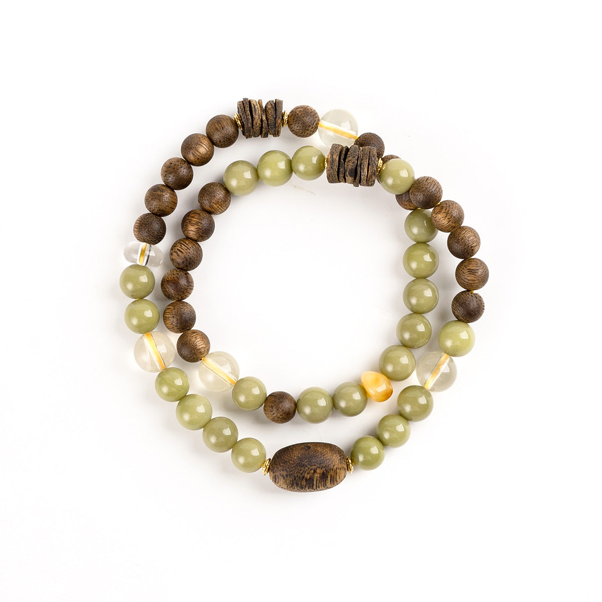 Grounded Glow – Amber & Crystal Wood Bead double Bracelet