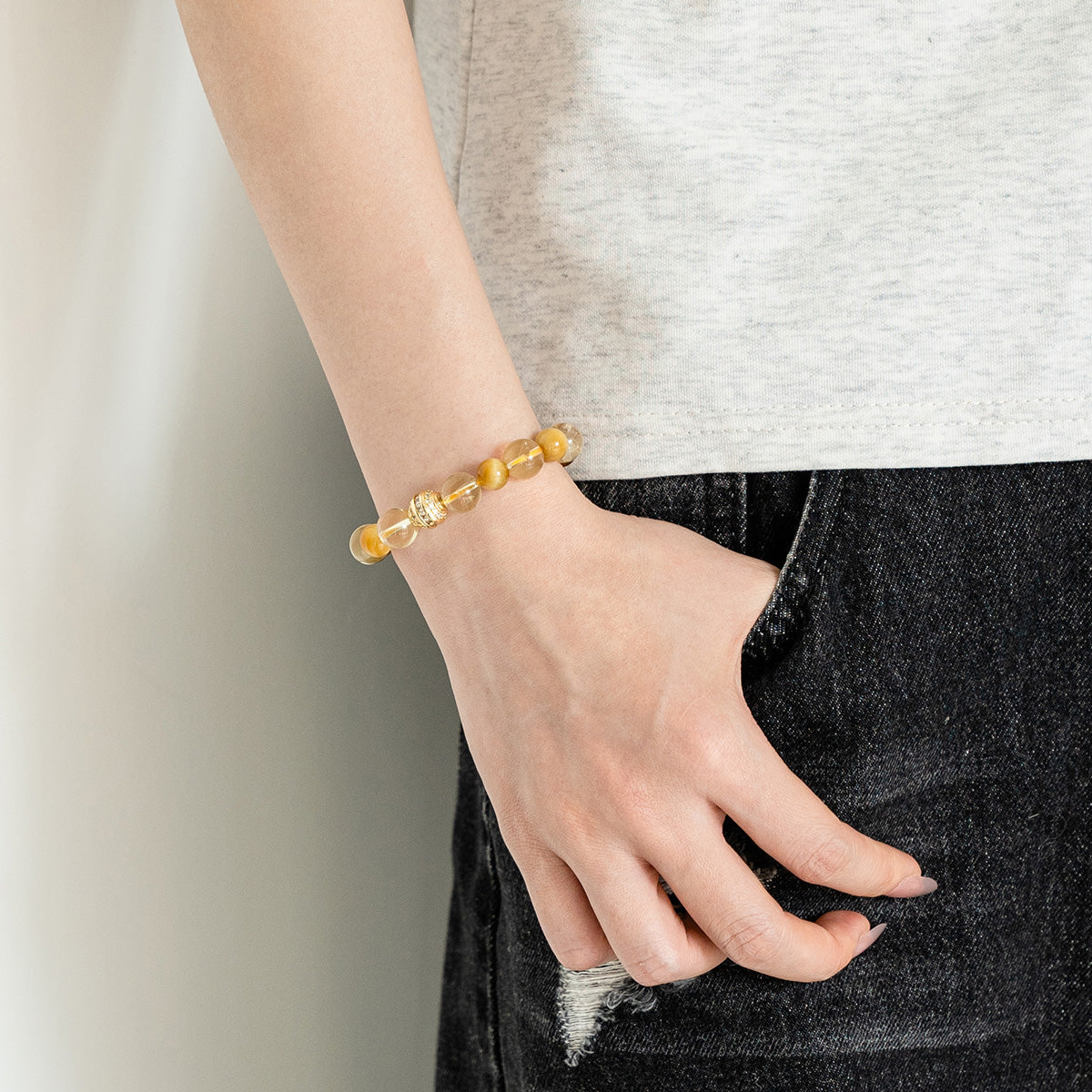 Citrine & Tiger Eye Beaded Bracelet with Silver-Plated Accent 10mm