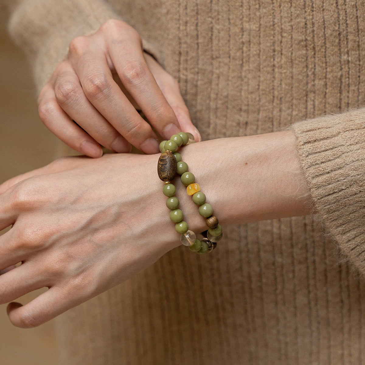 Grounded Glow – Amber & Crystal Wood Bead double Bracelet