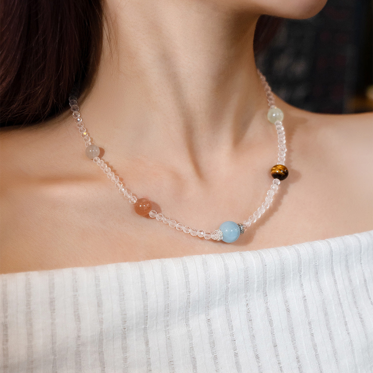Tirana Clear Quartz & Aquamarine Necklace 42.5cm
