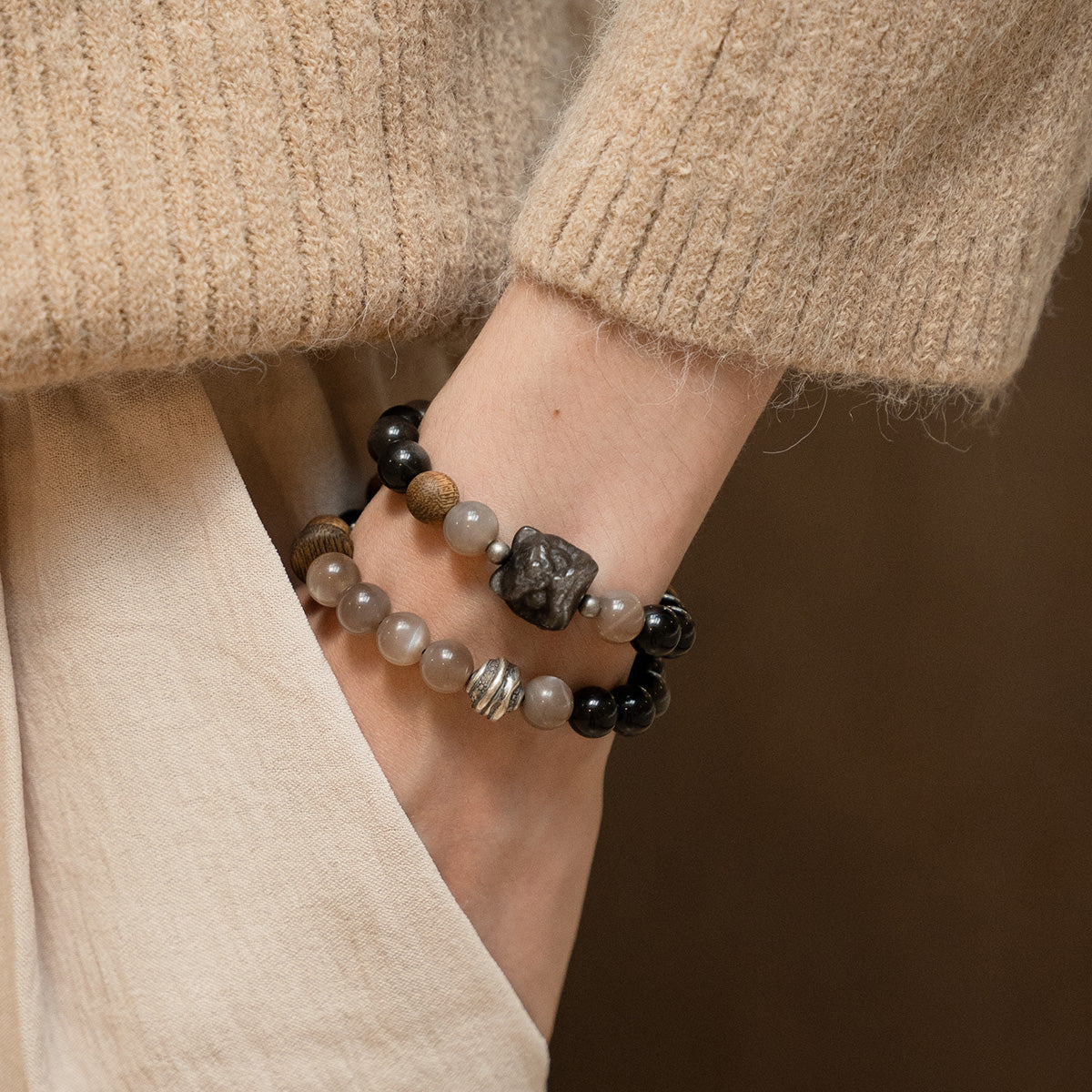 Grounded Glow – Amber & Crystal Wood Bead double Bracelet