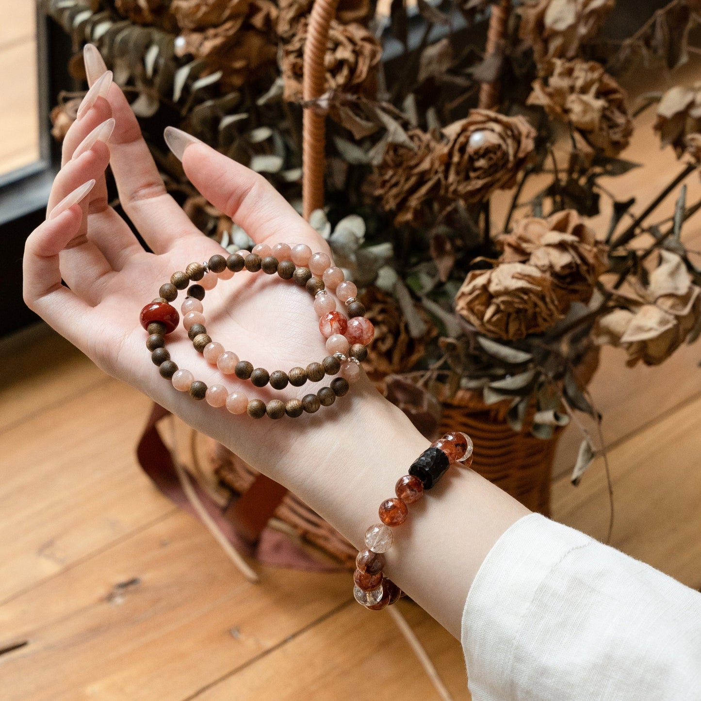 Sunstone, Red Rutilated Quartz, Southern Red Agate & Agarwood Beaded Bracelet