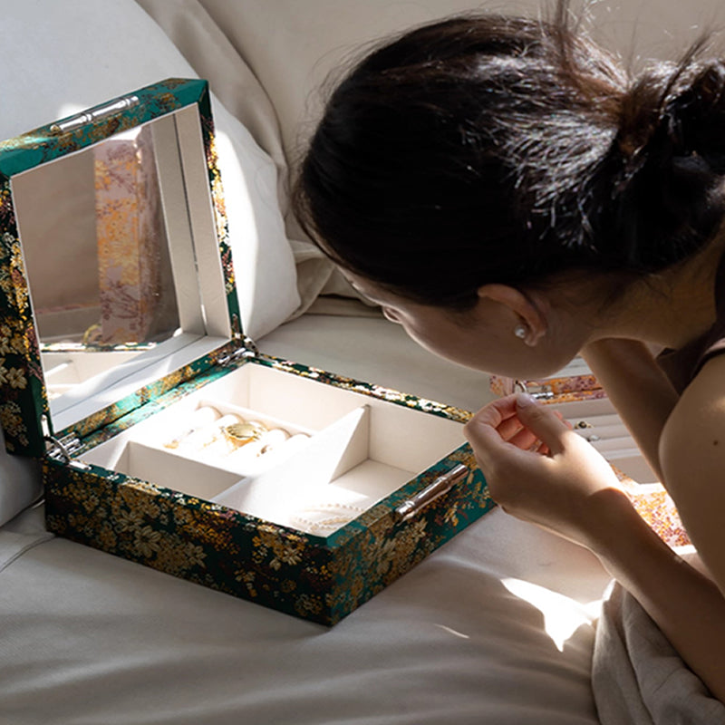 Hand-Embroidered Silk Jewelry Box, Gold Thread Brocade Jacquard Storage Box