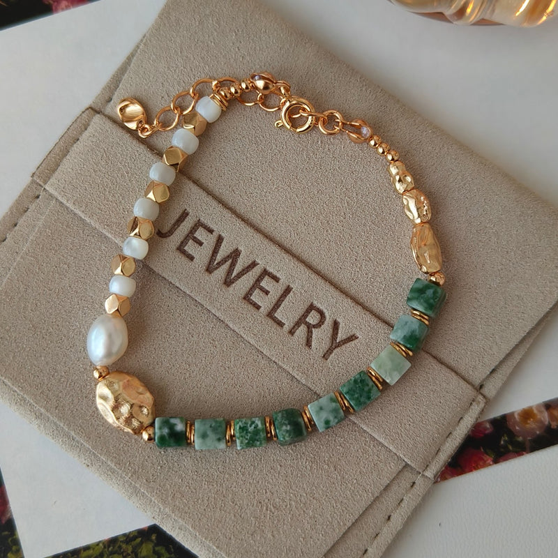 18K Gold Plated S925 Silver Bracelet | Aquamarine, Mother-of-Pearl, Natural Freshwater Pearls | 15 + 4cm Chain