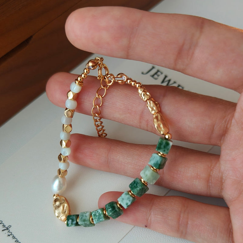 18K Gold Plated S925 Silver Bracelet | Aquamarine, Mother-of-Pearl, Natural Freshwater Pearls | 15 + 4cm Chain
