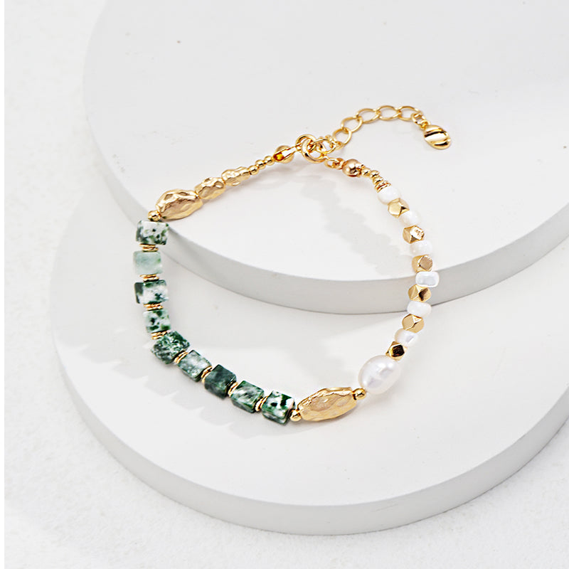 18K Gold Plated S925 Silver Bracelet | Aquamarine, Mother-of-Pearl, Natural Freshwater Pearls | 15 + 4cm Chain