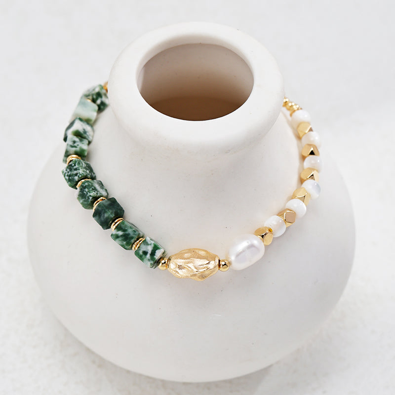 18K Gold Plated S925 Silver Bracelet | Aquamarine, Mother-of-Pearl, Natural Freshwater Pearls | 15 + 4cm Chain