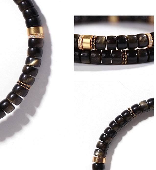 Unisex Black & Gold Sheen Obsidian Straight-Cut Healing Crystal Bracelet