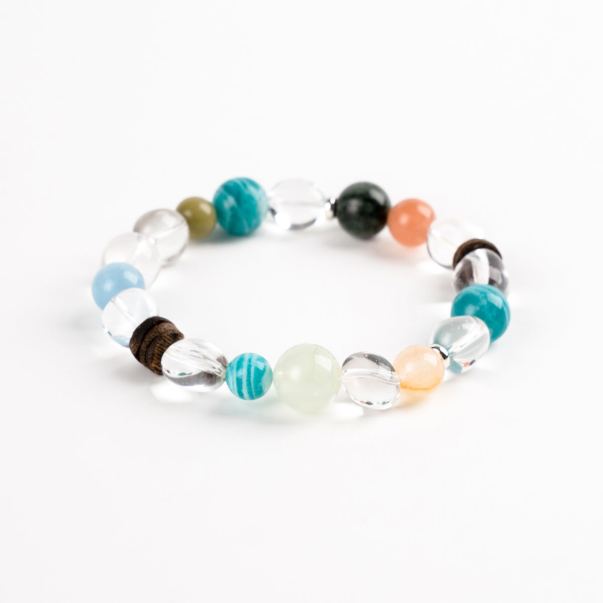 Colorful Multi-Gem, Agarwood, White Crystal, Zebra-Patterned Amazonite, Green Rutilated Quartz & Aquamarine Bracelet for Smooth Progress