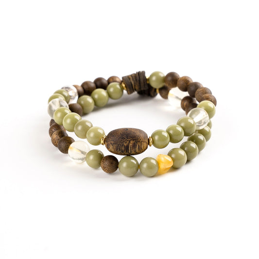 Grounded Glow – Amber & Crystal Wood Bead double  Bracelet