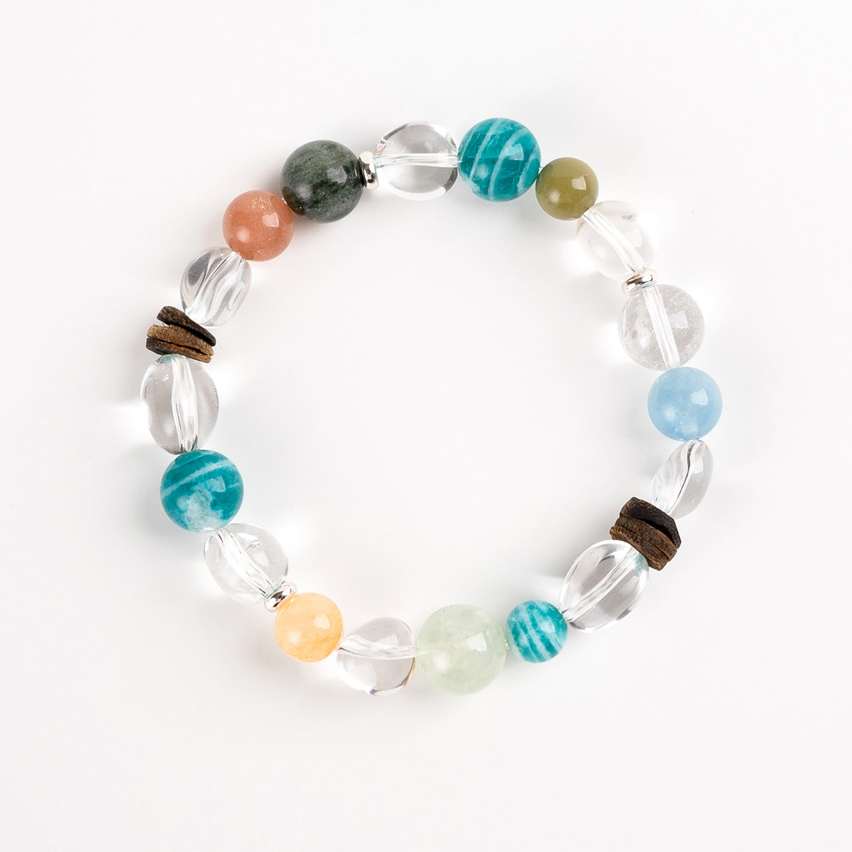Colorful Multi-Gem, Agarwood, White Crystal, Zebra-Patterned Amazonite, Green Rutilated Quartz & Aquamarine Bracelet for Smooth Progress