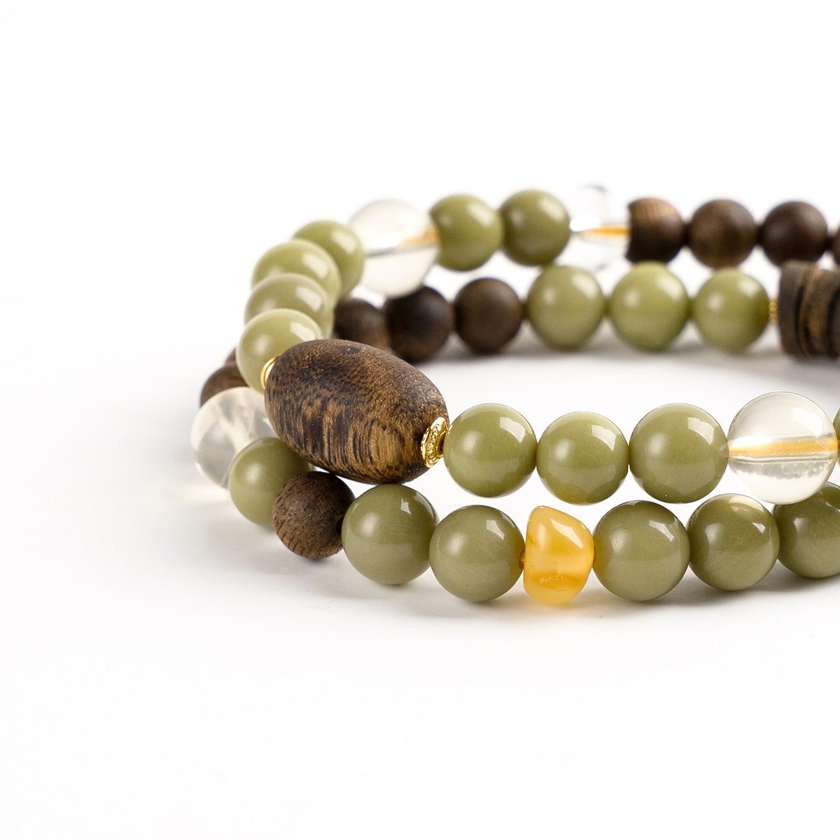 Grounded Glow – Amber & Crystal Wood Bead double  Bracelet