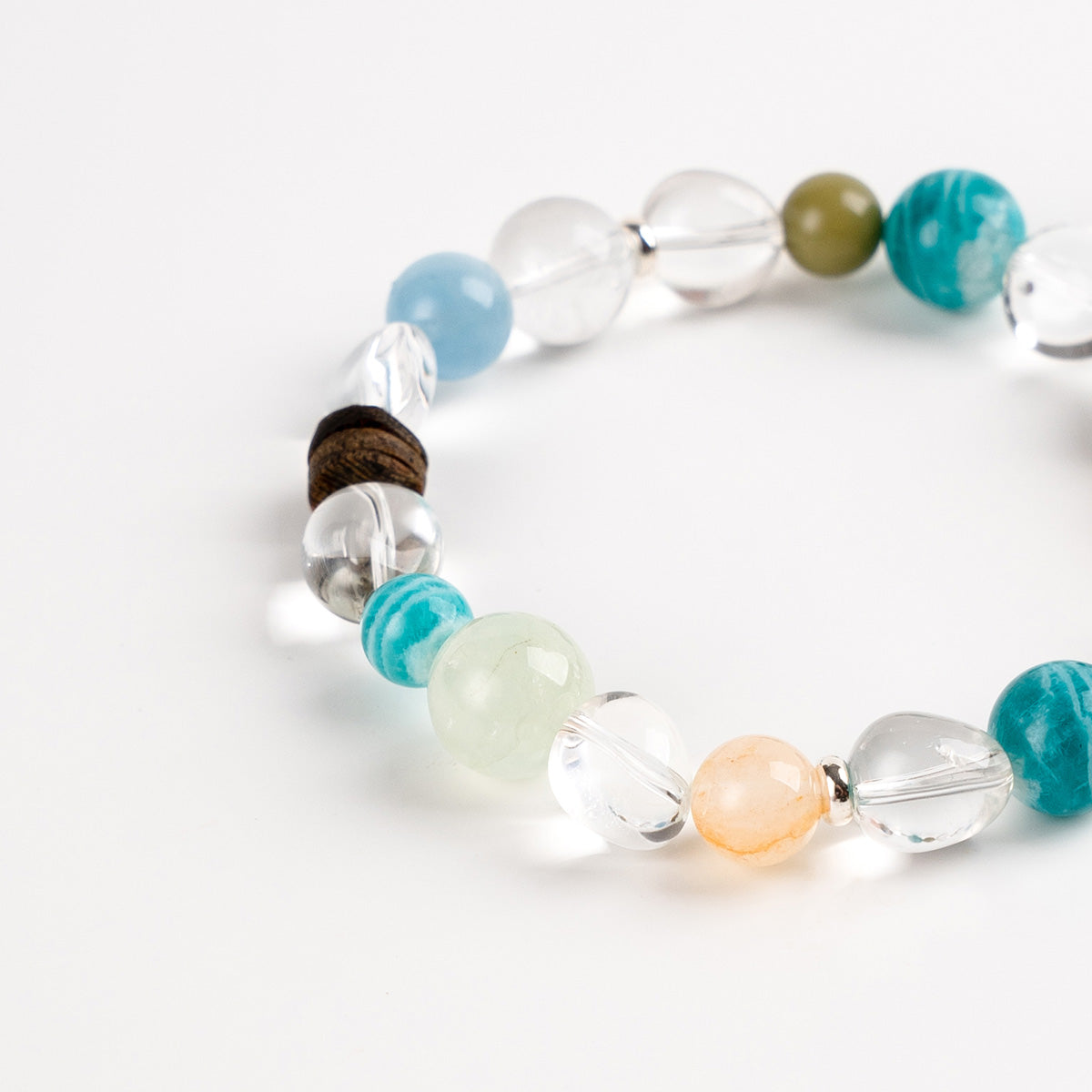Colorful Multi-Gem, Agarwood, White Crystal, Zebra-Patterned Amazonite, Green Rutilated Quartz & Aquamarine Bracelet for Smooth Progress