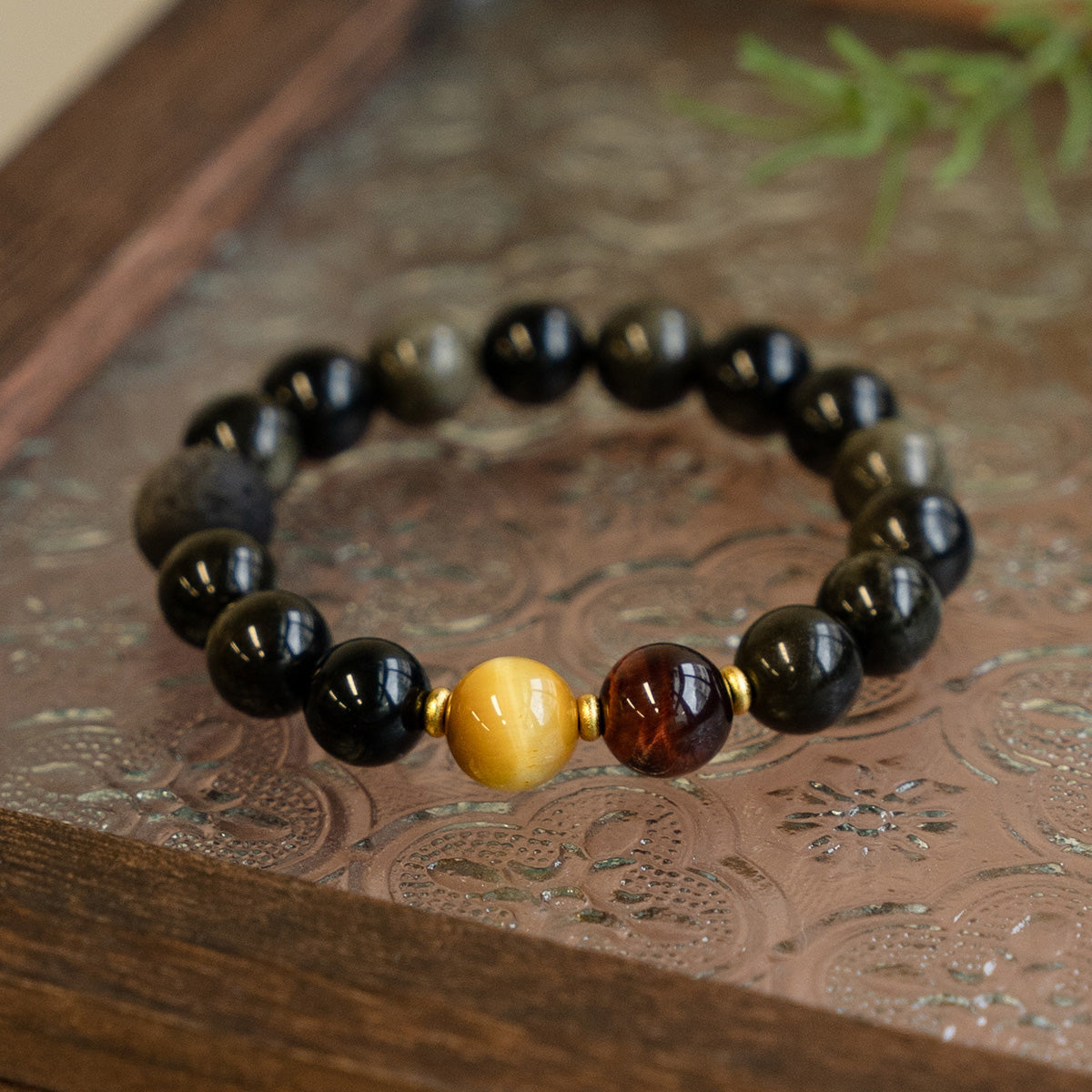 Gold Tiger Eye, Red Tiger Eye & Obsidian Bracelet for Wealth & Love Enhancement