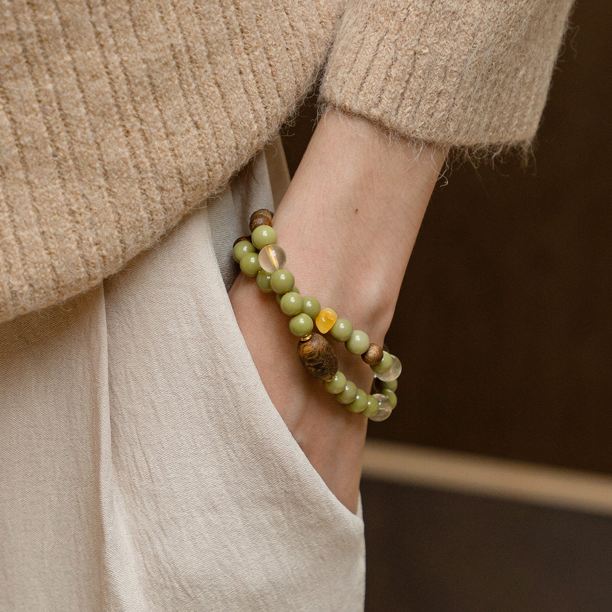 Grounded Glow – Amber & Crystal Wood Bead double  Bracelet