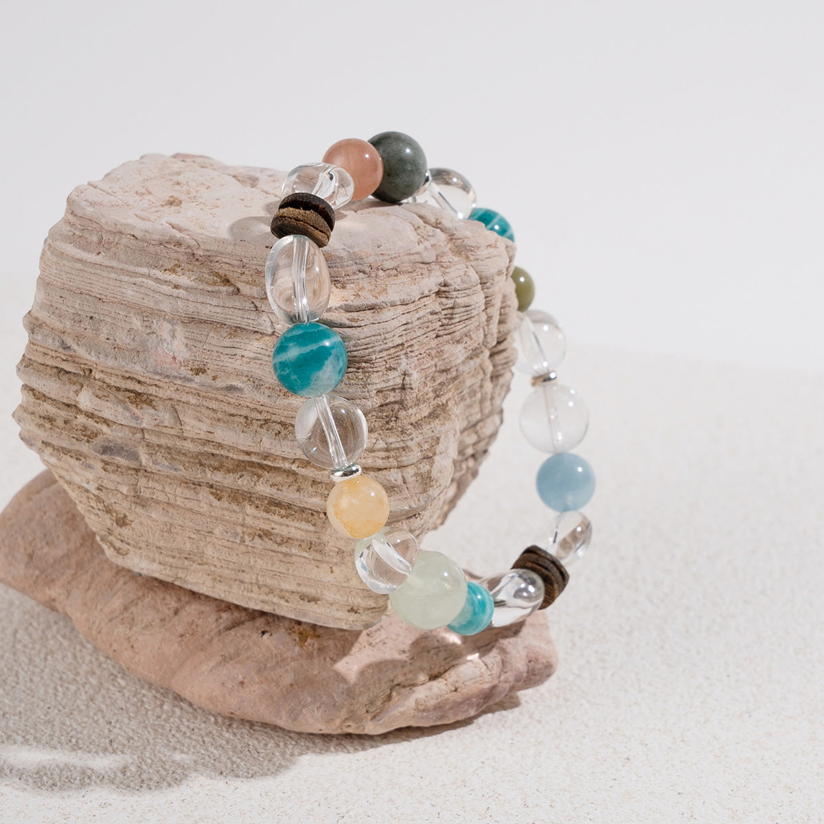 Colorful Multi-Gem, Agarwood, White Crystal, Zebra-Patterned Amazonite, Green Rutilated Quartz & Aquamarine Bracelet for Smooth Progress