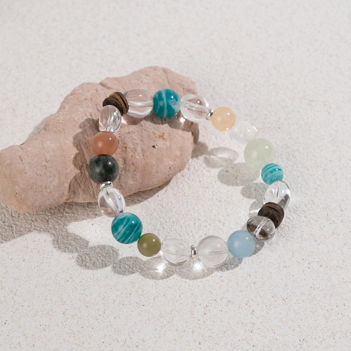 Colorful Multi-Gem, Agarwood, White Crystal, Zebra-Patterned Amazonite, Green Rutilated Quartz & Aquamarine Bracelet for Smooth Progress