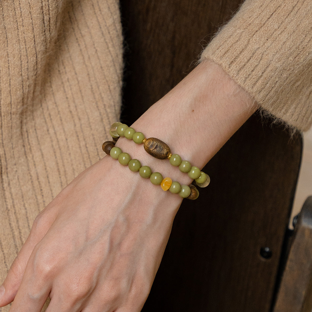 Grounded Glow – Amber & Crystal Wood Bead double  Bracelet