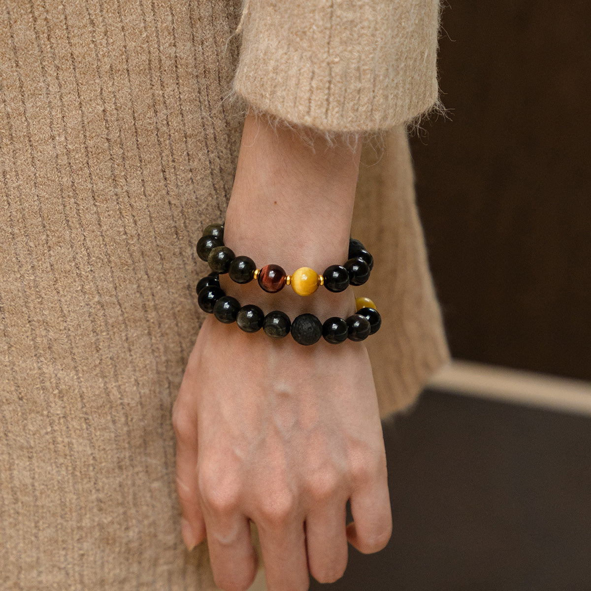 Gold Tiger Eye, Red Tiger Eye & Obsidian Bracelet for Wealth & Love Enhancement