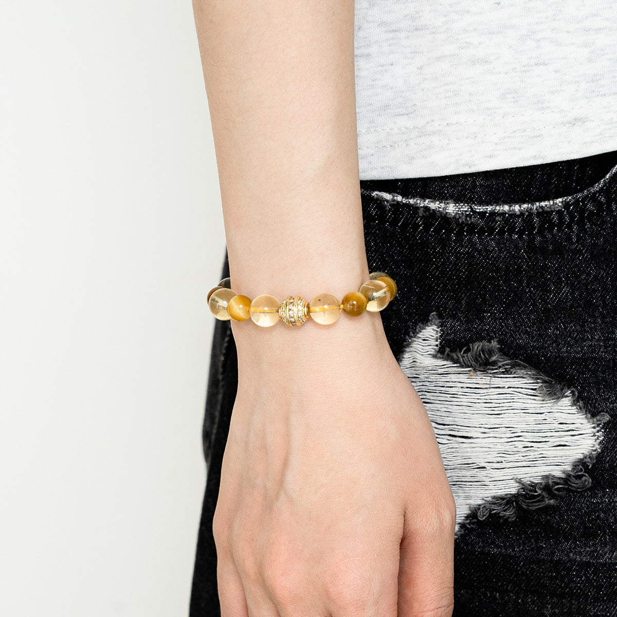 Citrine & Tiger Eye Beaded Bracelet  with Silver-Plated Accent 10mm