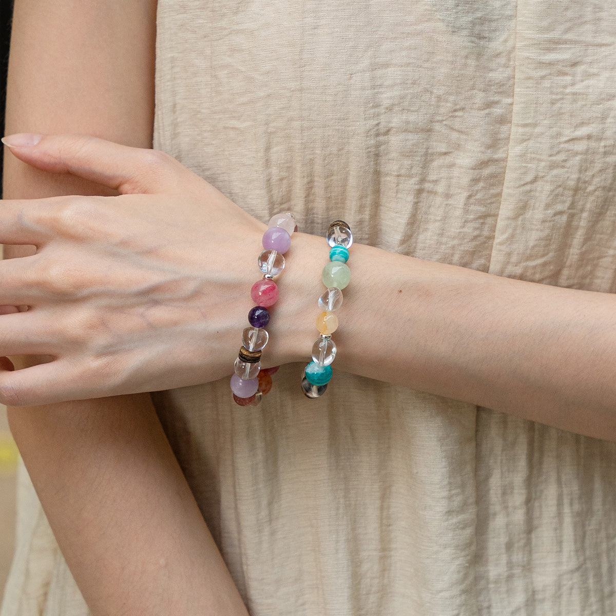 Colorful Multi-Gem, Agarwood, White Crystal, Zebra-Patterned Amazonite, Green Rutilated Quartz & Aquamarine Bracelet for Smooth Progress