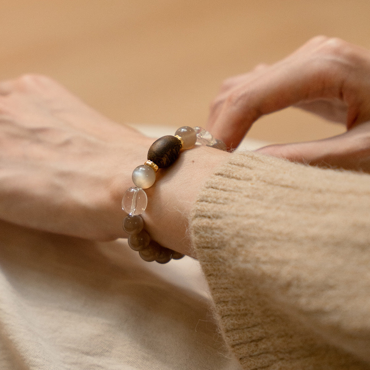 Moonstone, White Crystal & Agarwood Bracelet|Tranquil Focus Crystal Bracelet