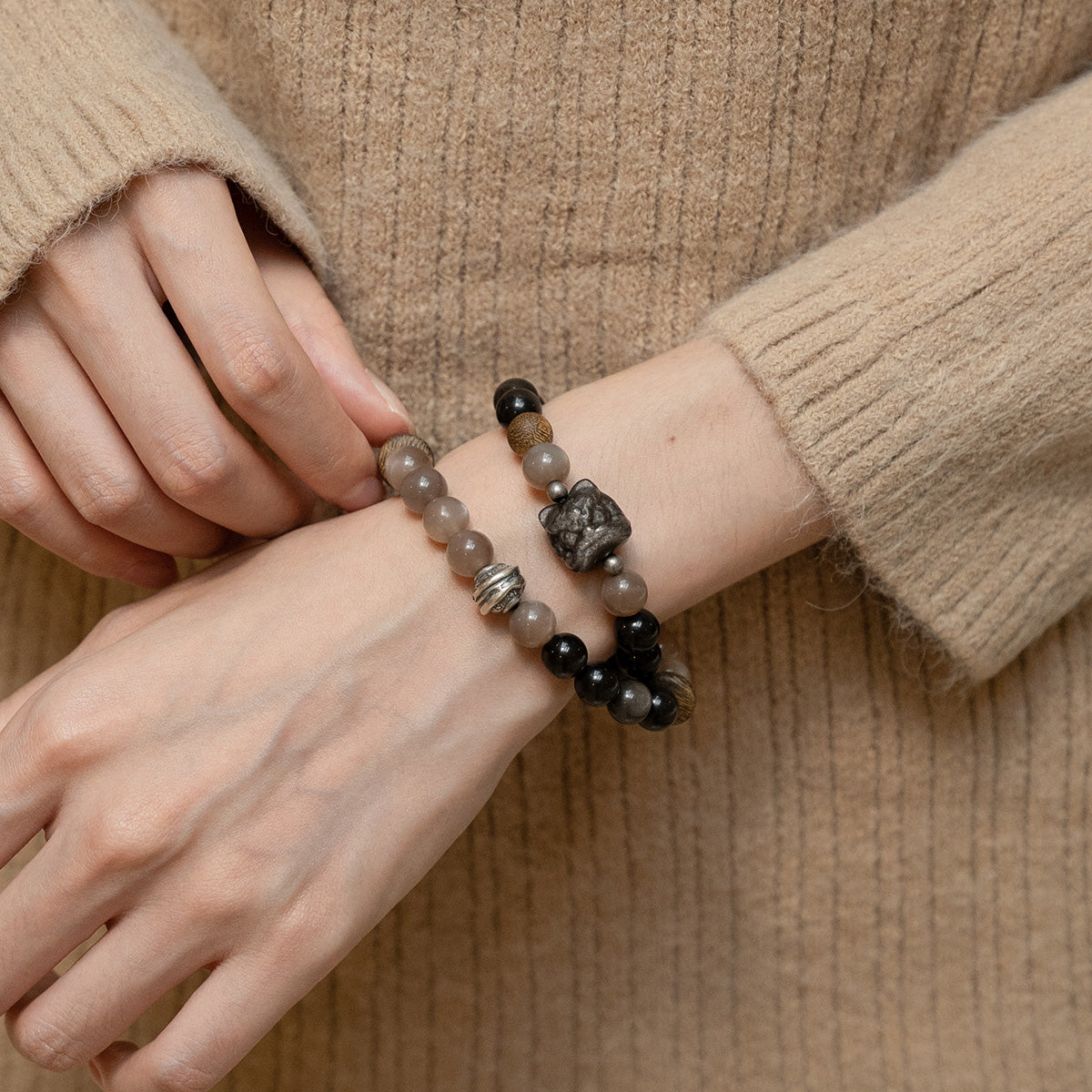 Grounded Glow – Amber & Crystal Wood Bead double  Bracelet