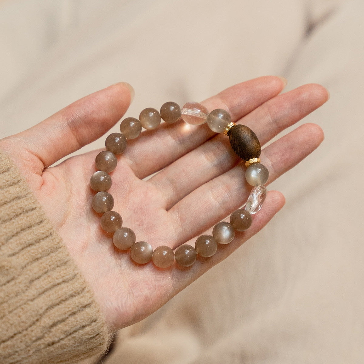 Moonstone, White Crystal & Agarwood Bracelet|Tranquil Focus Crystal Bracelet
