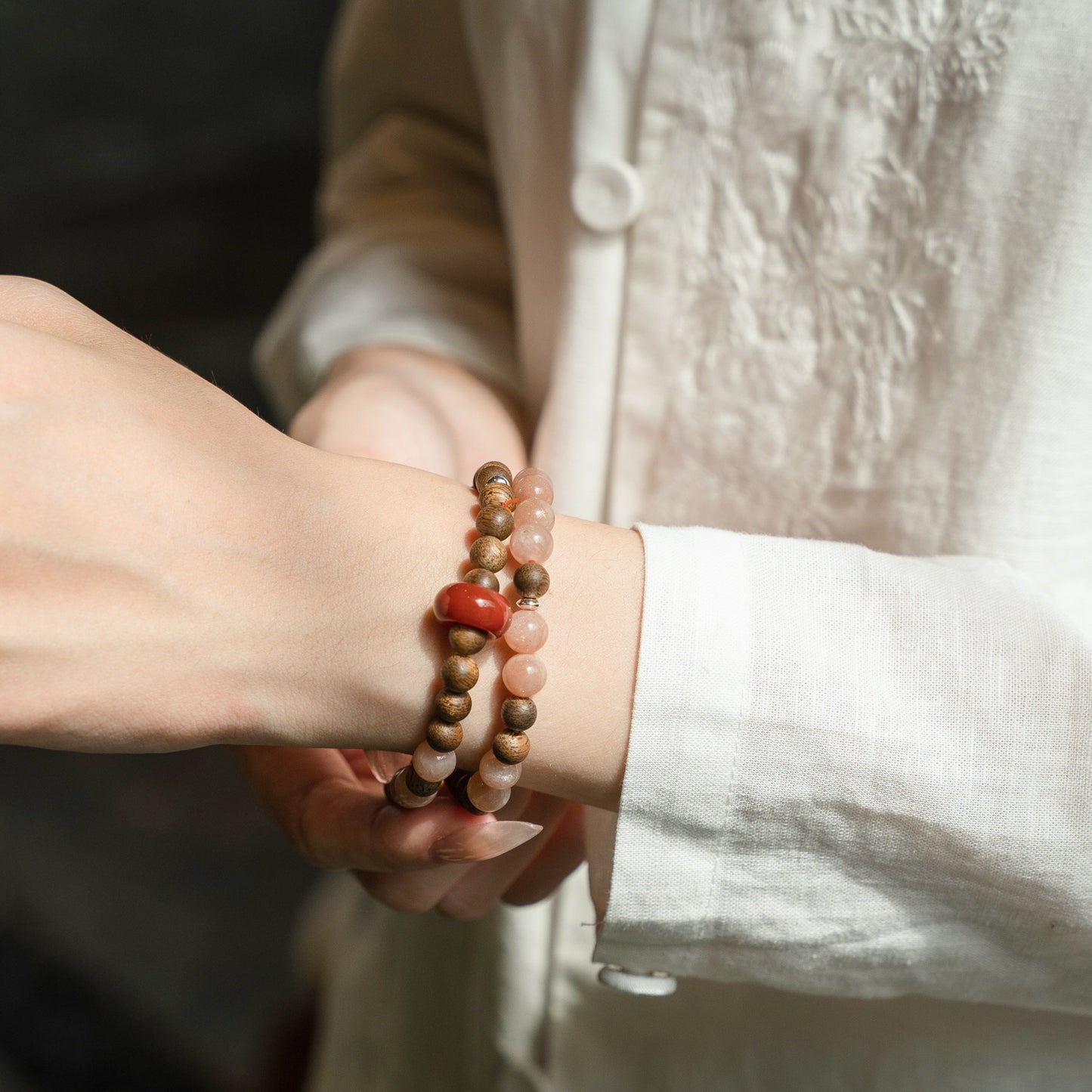 Sunstone, Red Rutilated Quartz, Southern Red Agate & Agarwood Beaded Bracelet