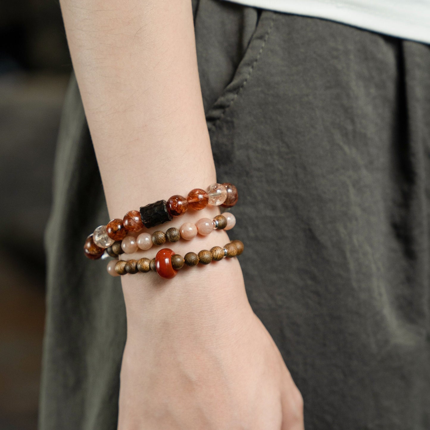 Sunstone, Red Rutilated Quartz, Southern Red Agate & Agarwood Beaded Bracelet