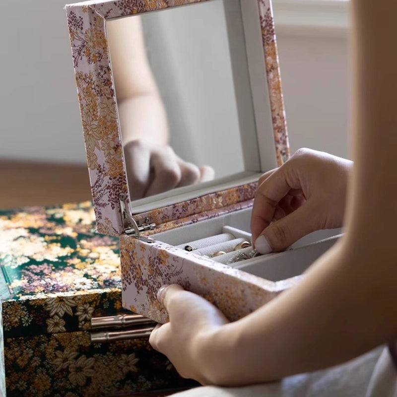 Hand-Embroidered Silk Jewelry Box, Gold Thread Brocade Jacquard Storage Box