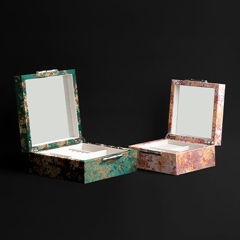 Hand-Embroidered Silk Jewelry Box, Gold Thread Brocade Jacquard Storage Box