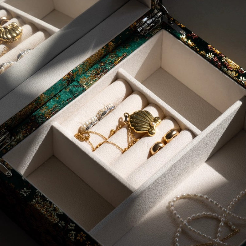 Hand-Embroidered Silk Jewelry Box, Gold Thread Brocade Jacquard Storage Box