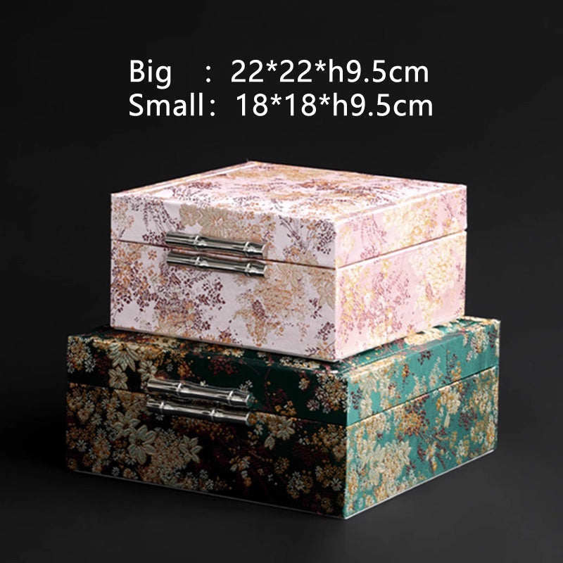 Hand-Embroidered Silk Jewelry Box, Gold Thread Brocade Jacquard Storage Box