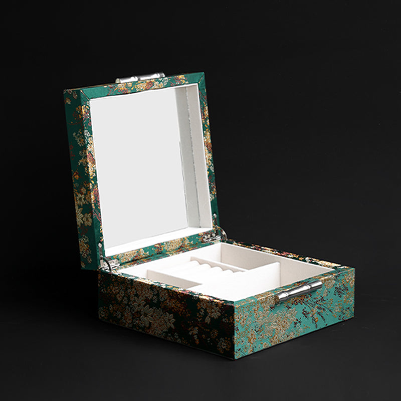 Hand-Embroidered Silk Jewelry Box, Gold Thread Brocade Jacquard Storage Box