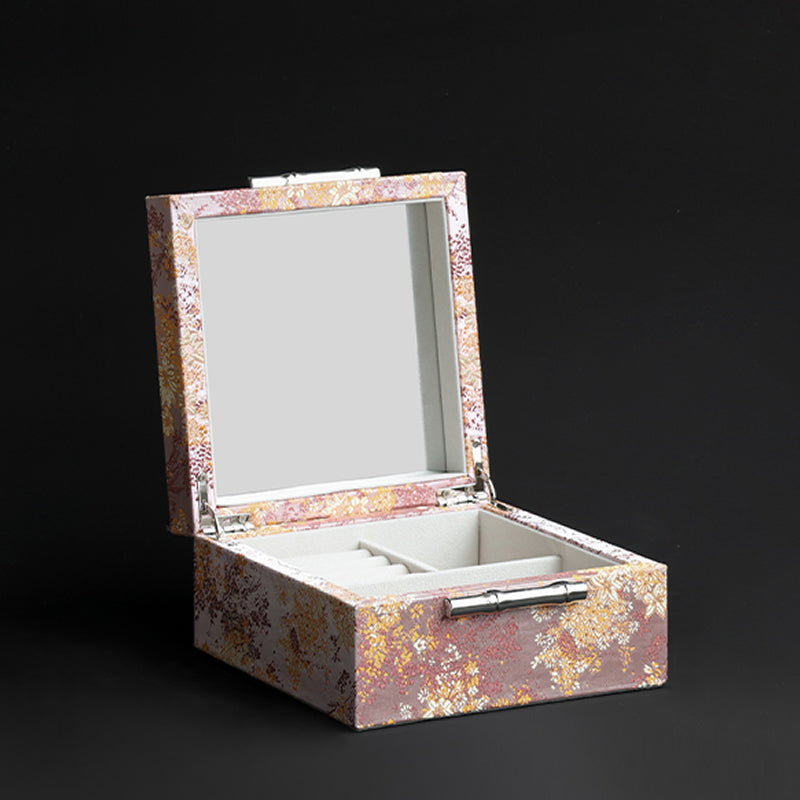 Hand-Embroidered Silk Jewelry Box, Gold Thread Brocade Jacquard Storage Box