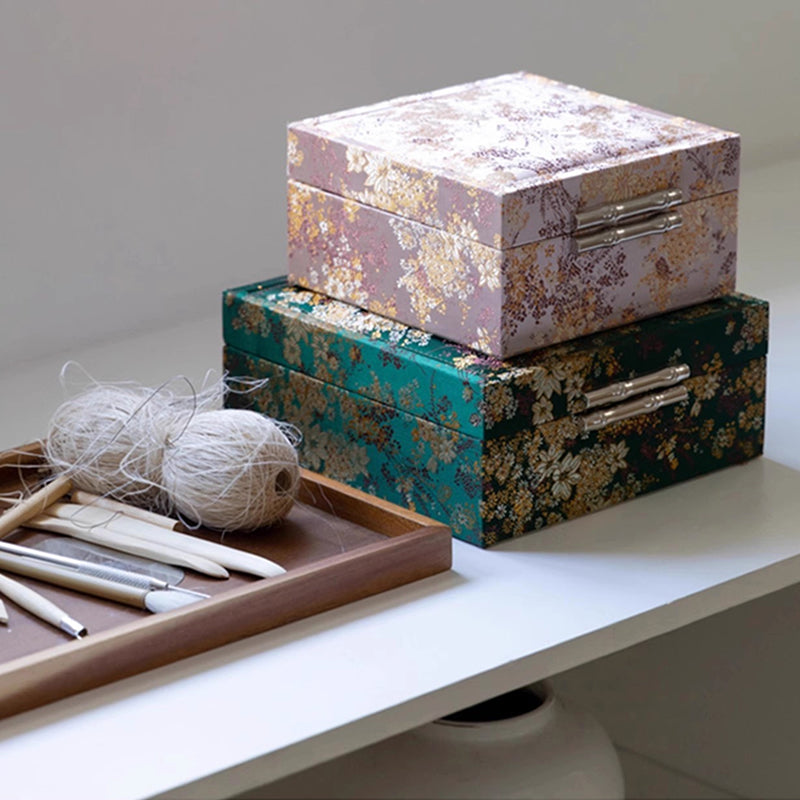 Hand-Embroidered Silk Jewelry Box, Gold Thread Brocade Jacquard Storage Box