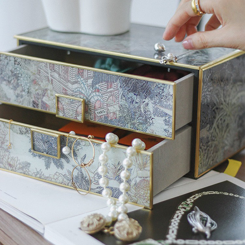 Vintage Double-Layer Jewelry Box, Silk Scarf Art Antique Organizer