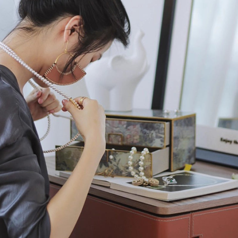 Vintage Double-Layer Jewelry Box, Silk Scarf Art Antique Organizer