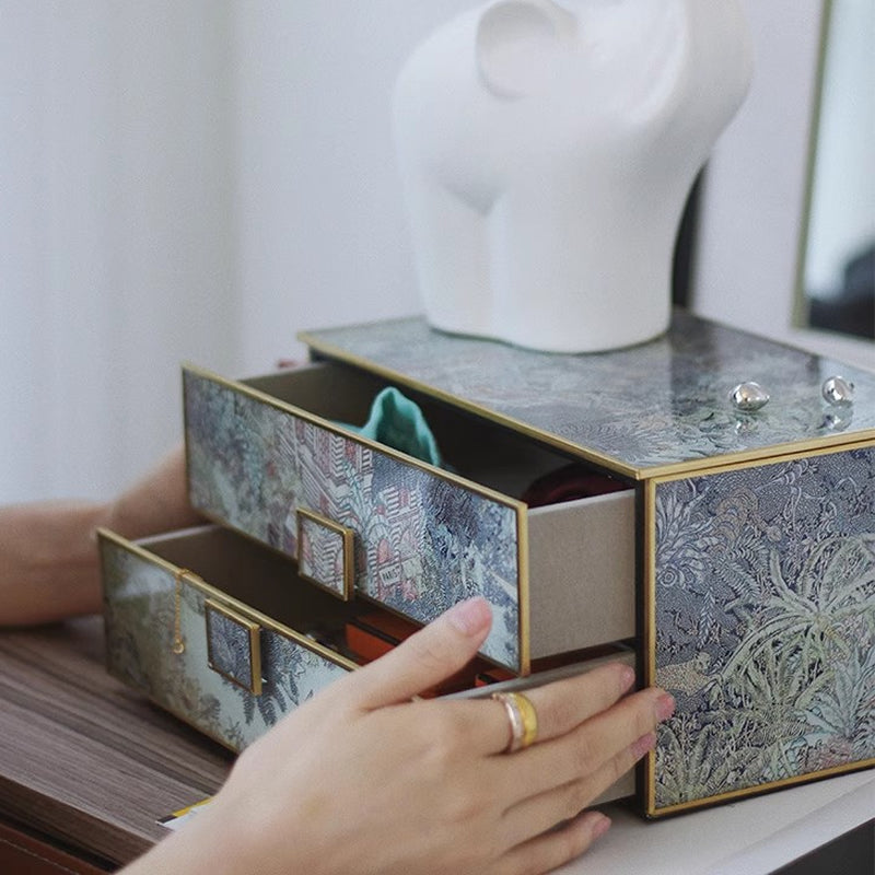 Vintage Double-Layer Jewelry Box, Silk Scarf Art Antique Organizer