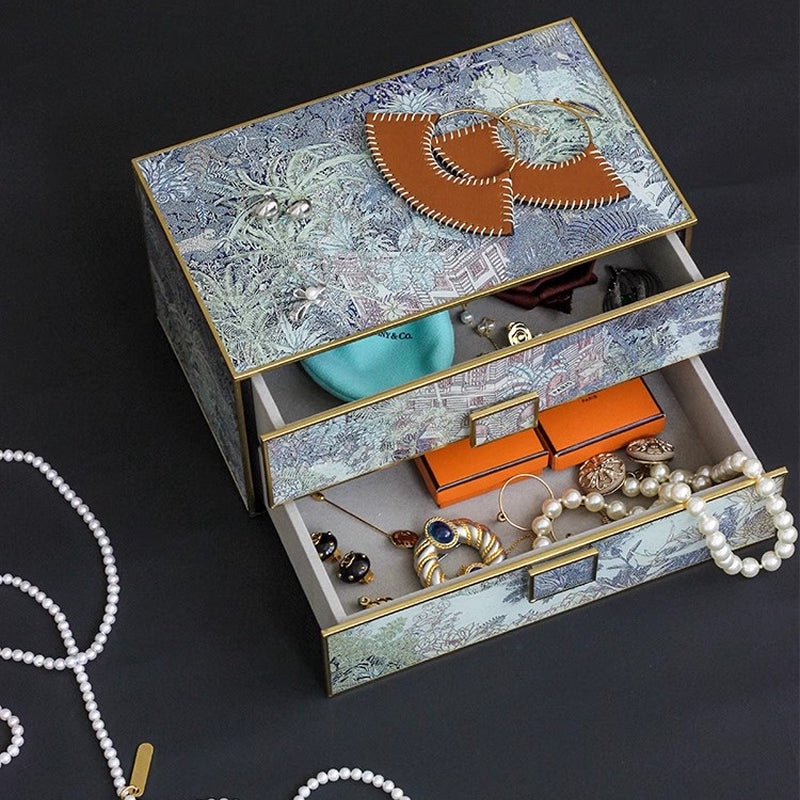 Vintage Double-Layer Jewelry Box, Silk Scarf Art Antique Organizer