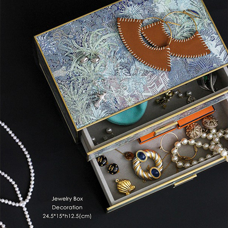 Vintage Double-Layer Jewelry Box, Silk Scarf Art Antique Organizer