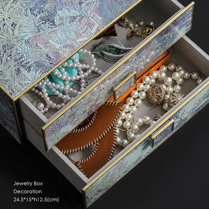 Vintage Double-Layer Jewelry Box, Silk Scarf Art Antique Organizer