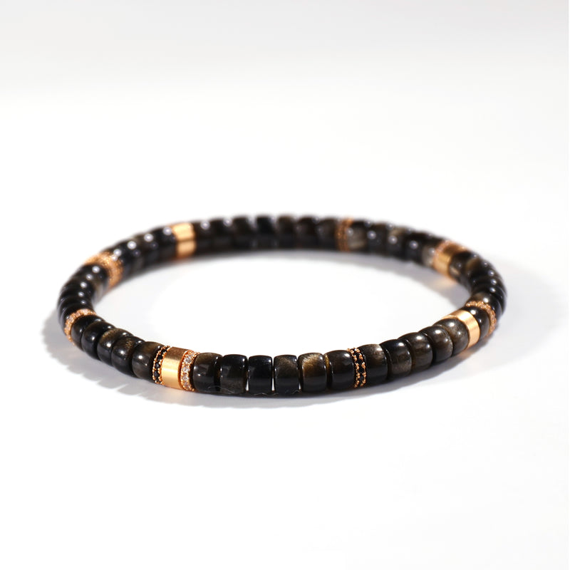 Unisex Black & Gold Sheen Obsidian Straight-Cut Healing Crystal Bracelet