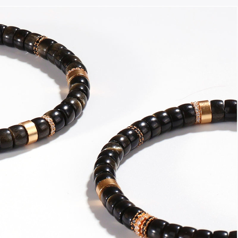 Unisex Black & Gold Sheen Obsidian Straight-Cut Healing Crystal Bracelet