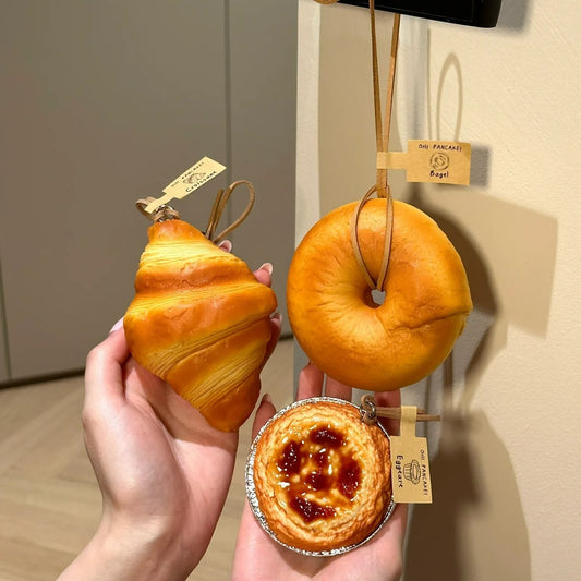 Handmade Bread Stress Relief Charm| Croissant/Bagel/EGG TART Car Hanging Decor | Universal Squishy Keychain for Door/Bag